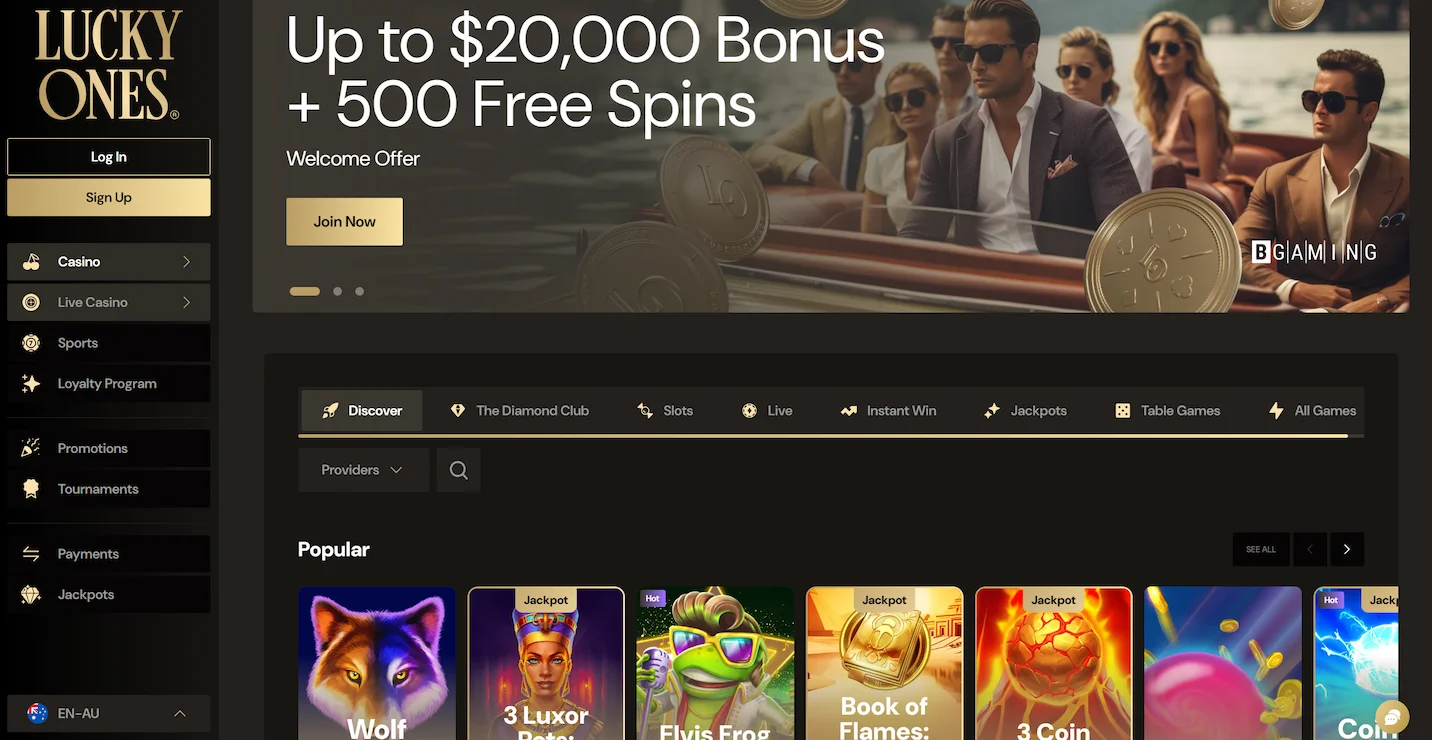 LuckyOnes casino frontpage showing welcome bonus offer, online pokies and site navigation